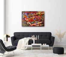 Load image into Gallery viewer, My Heart Is In Chicago original painting by Andromeda Cook from the 10K Collection displayed above a modern black sofa in a contemporary living room.
